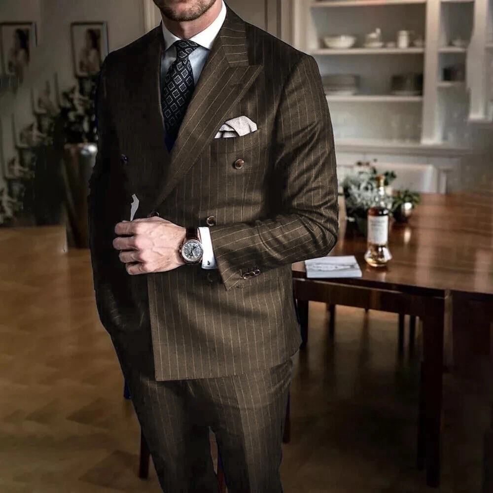 Chic Pinstripe Men’s Suits 2 Pieces Set Formal Double Breasted Peak Lapel Suit