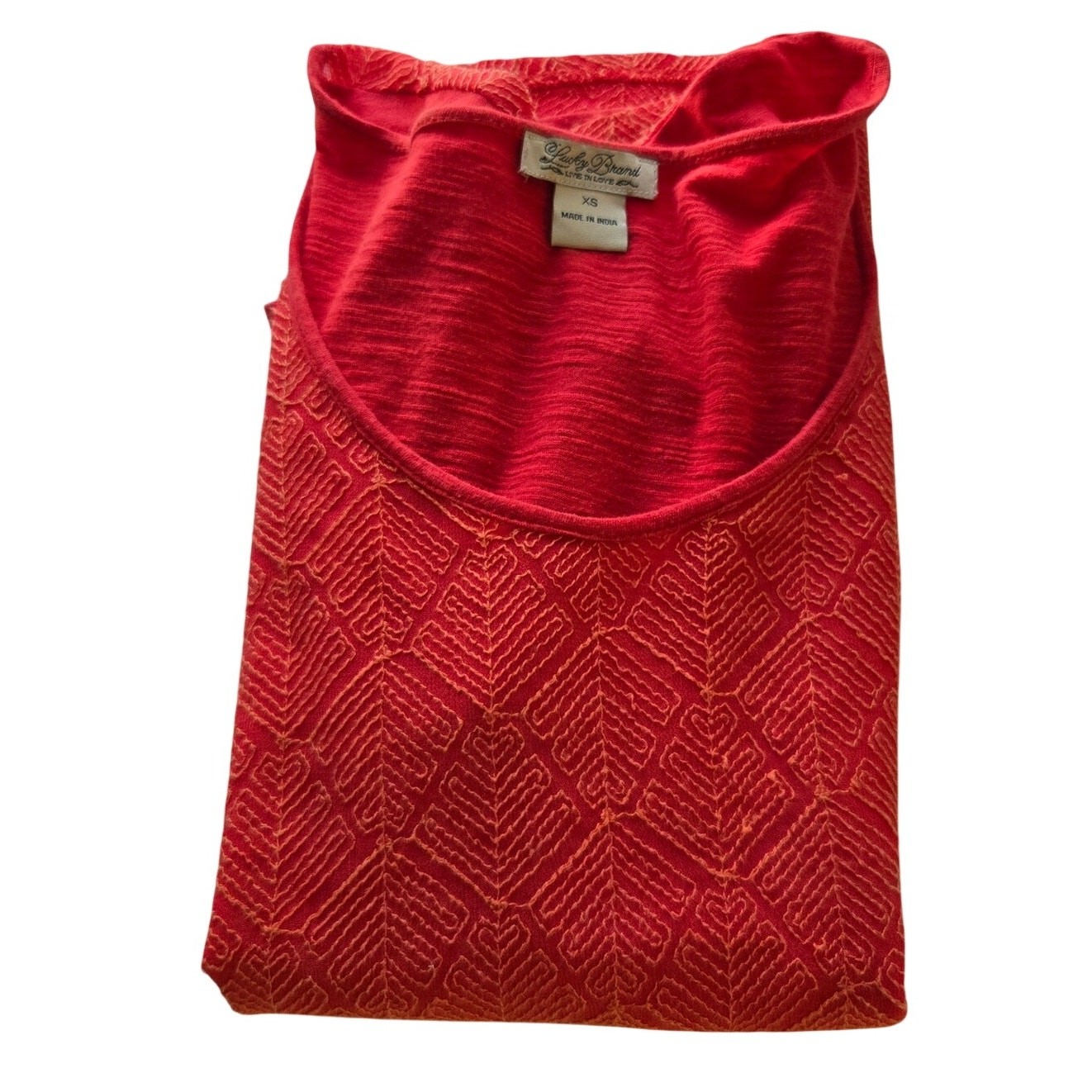 Lucky Brand Boho Casual Red Textured Geometric Diamond Short Sleeve Women’s XS