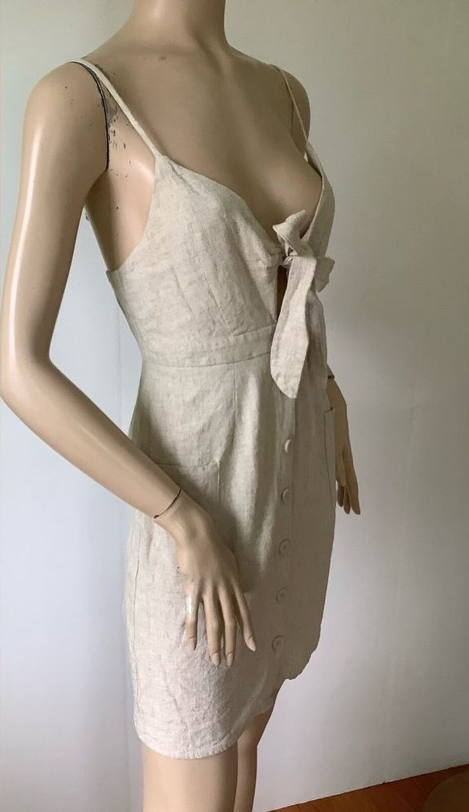 EVERLY Linen Blend Natural Oatmeal Shade Thin Adjustable Strap Dress (Size S)