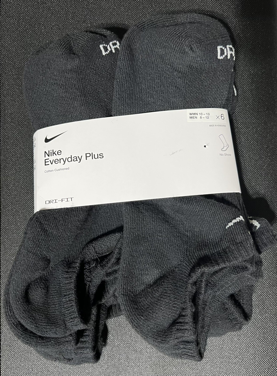 NIKE DRI-Fit Everyday Plus No Show Unisex Sock 6-Pack Size L Black SX6898-010