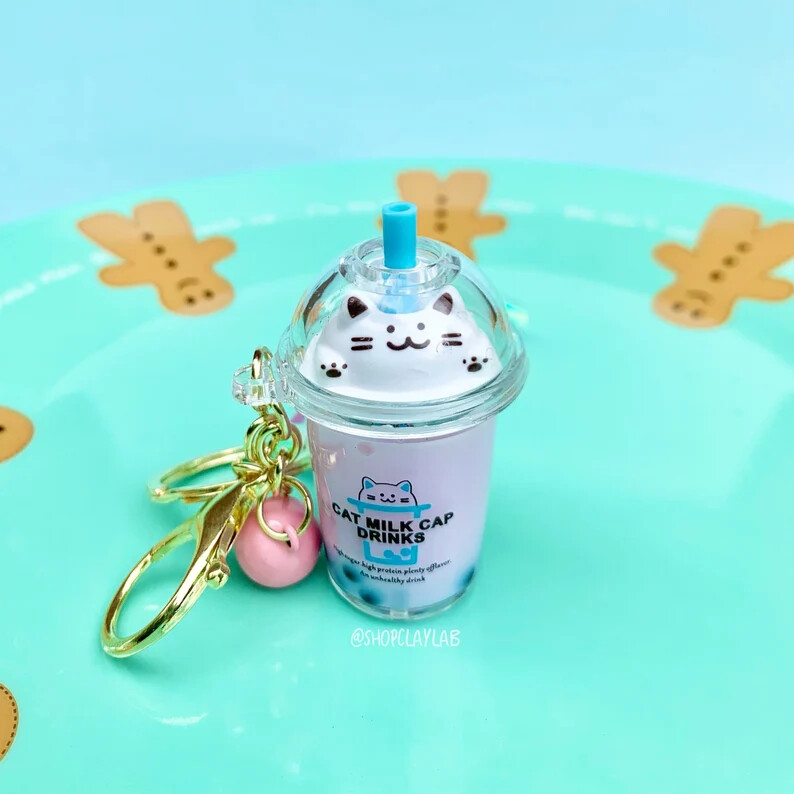 Boba Milk Tea Keychain Cat Milk Cap Series (Moving Liquid and Boba)