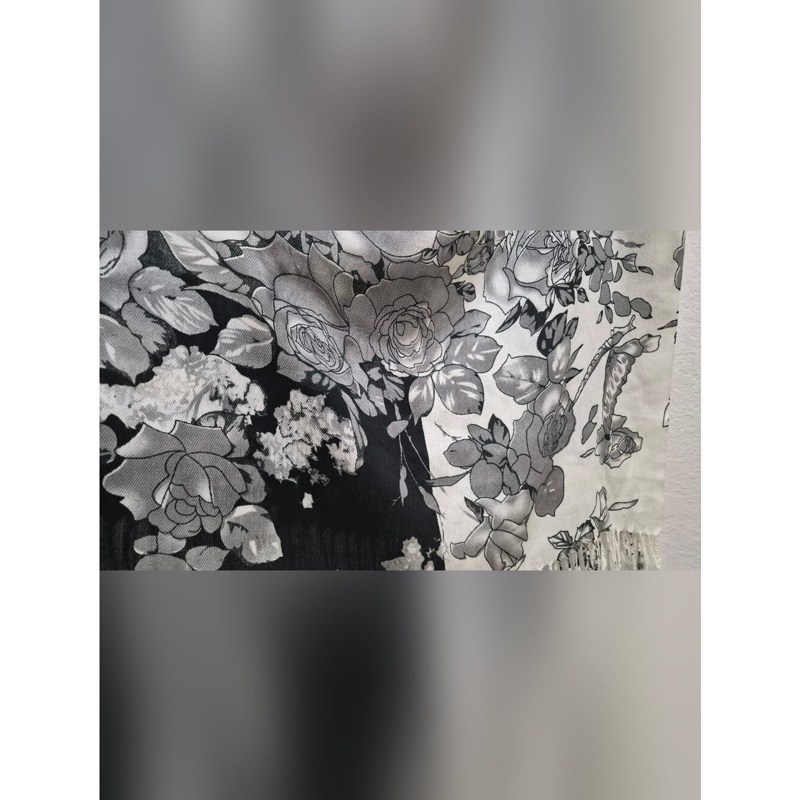 Black & White Floral Fringe Shawl Wrap | Elegant Lightweight Layering Scarf
