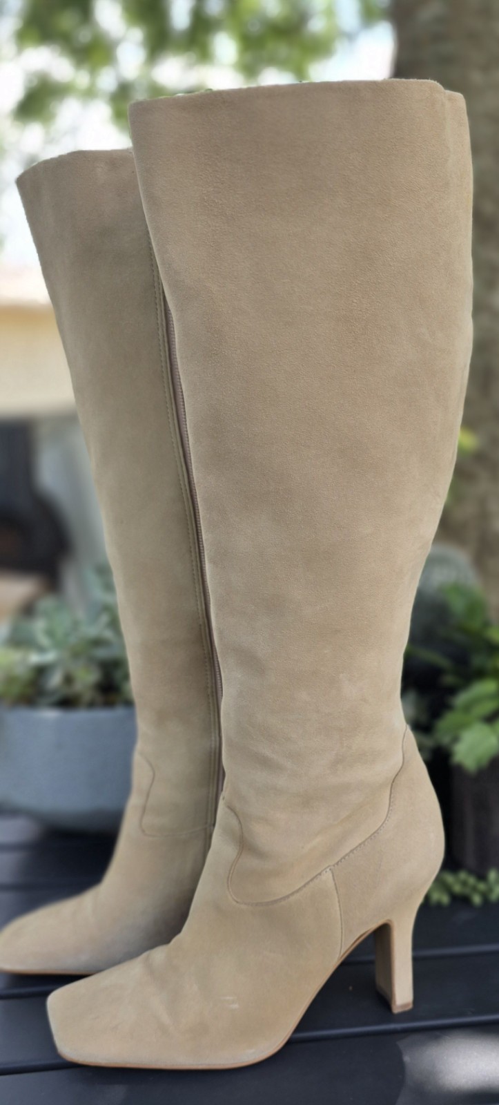 Vince Camuto Kalinder Beige Suede Knee High Zip Boots Lined Square Toe US 8