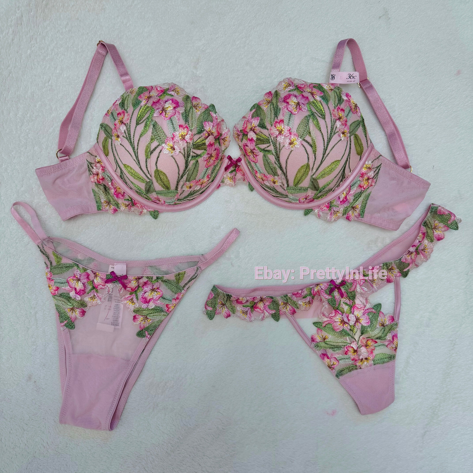 Victoria’s Secret Dream Angels Push Up bra set embroidery Lily floral pink rose