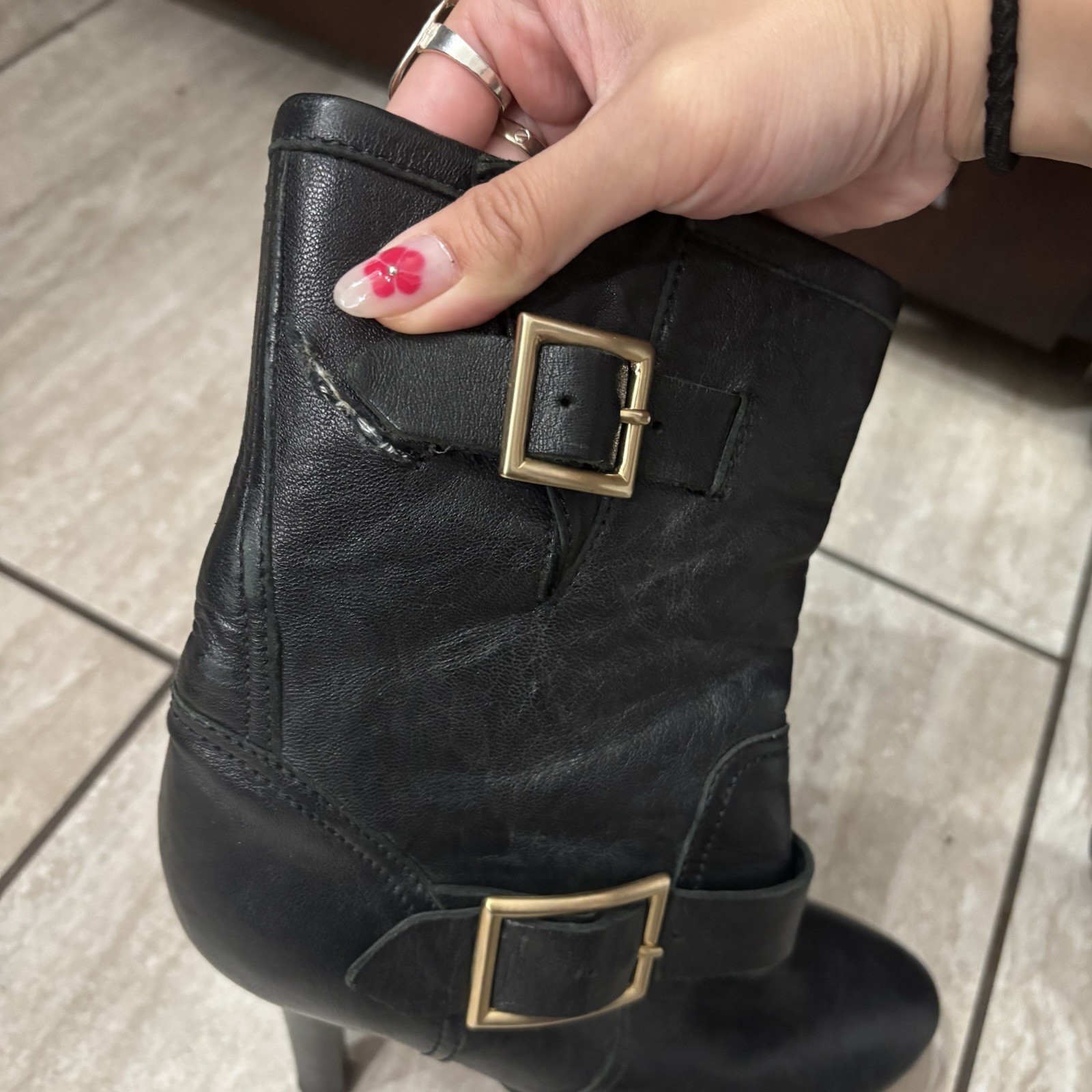 Vintage Jimmy Choo Black Leather Galen Moto Stiletto Buckle Boots US 7.5