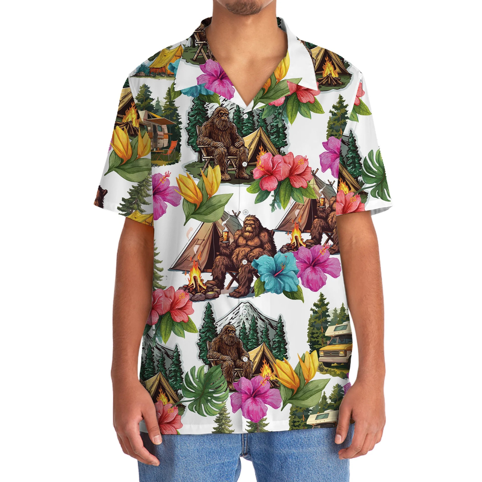 Bigfoot Camping And Flowers Hawaiian Shirt – Gift For Friends