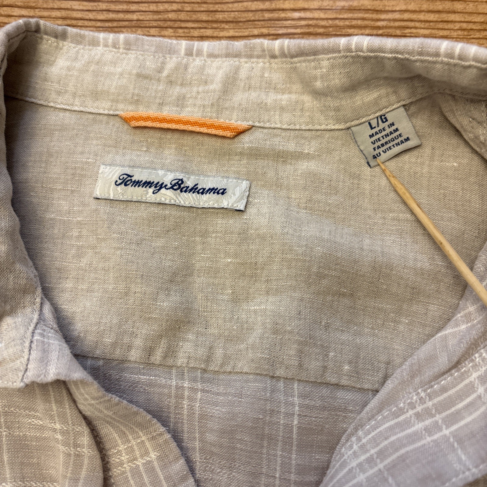 Tommy Bahama Linen Button-Up Long Sleeve Shirt Men’s L Plaid Beige & White
