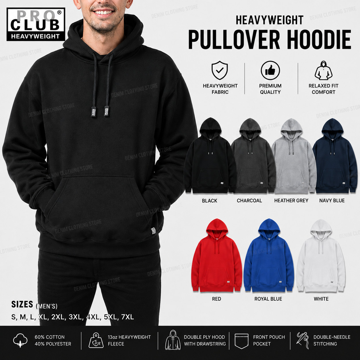 1 NEW PRO CLUB HEAVY WEIGHT PULLOVER HOODIE SWEATSHIRTS HOODED HOODY SIZE S-7XL