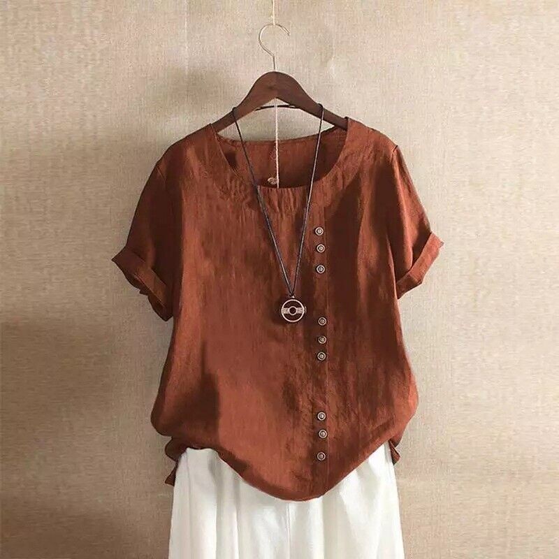 Summer Womens Cotton Linen Tunic Blouse Tops Short Sleeve Shirt Casual
