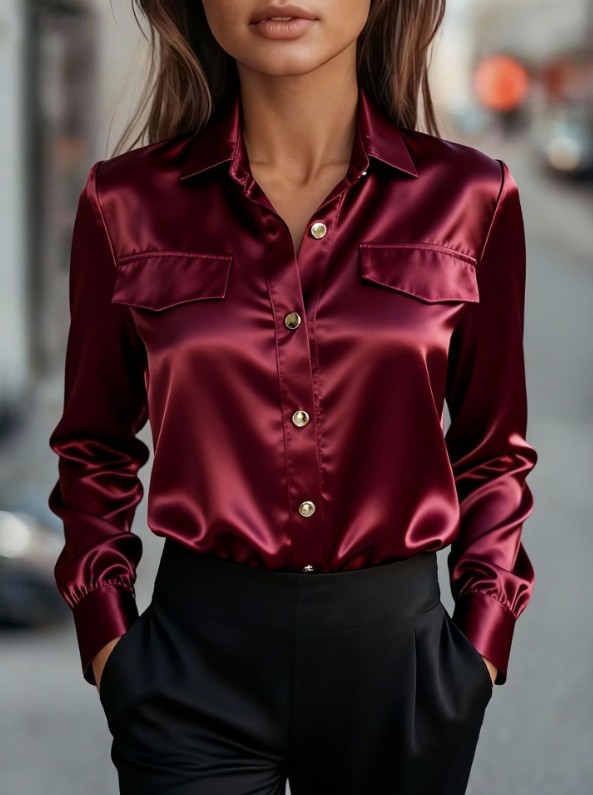 Women Satin Button Down Shirt Long Sleeve Collared Solid Casual Office Blouse