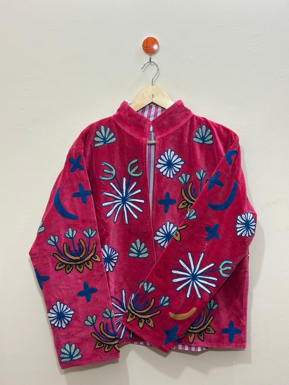 Pink Floral Velvet Suzani Jacket Handmade Embroidered Festival Fashionable Coat
