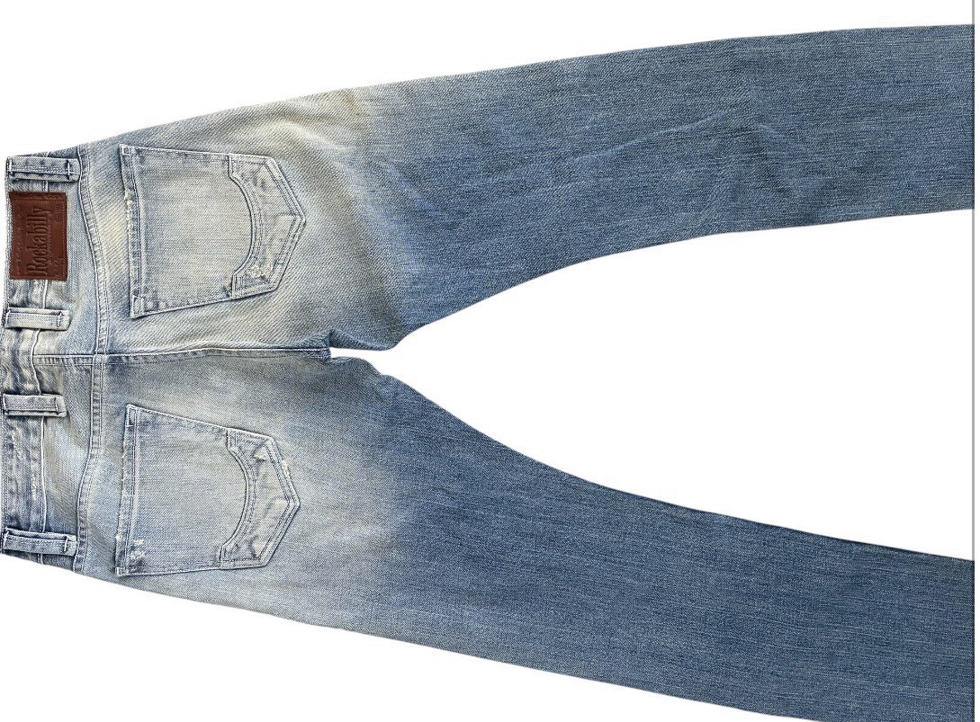 Rockabilly Light Wash Blue Denim Straight Jeans Distressed 5-Pocket Button Logo