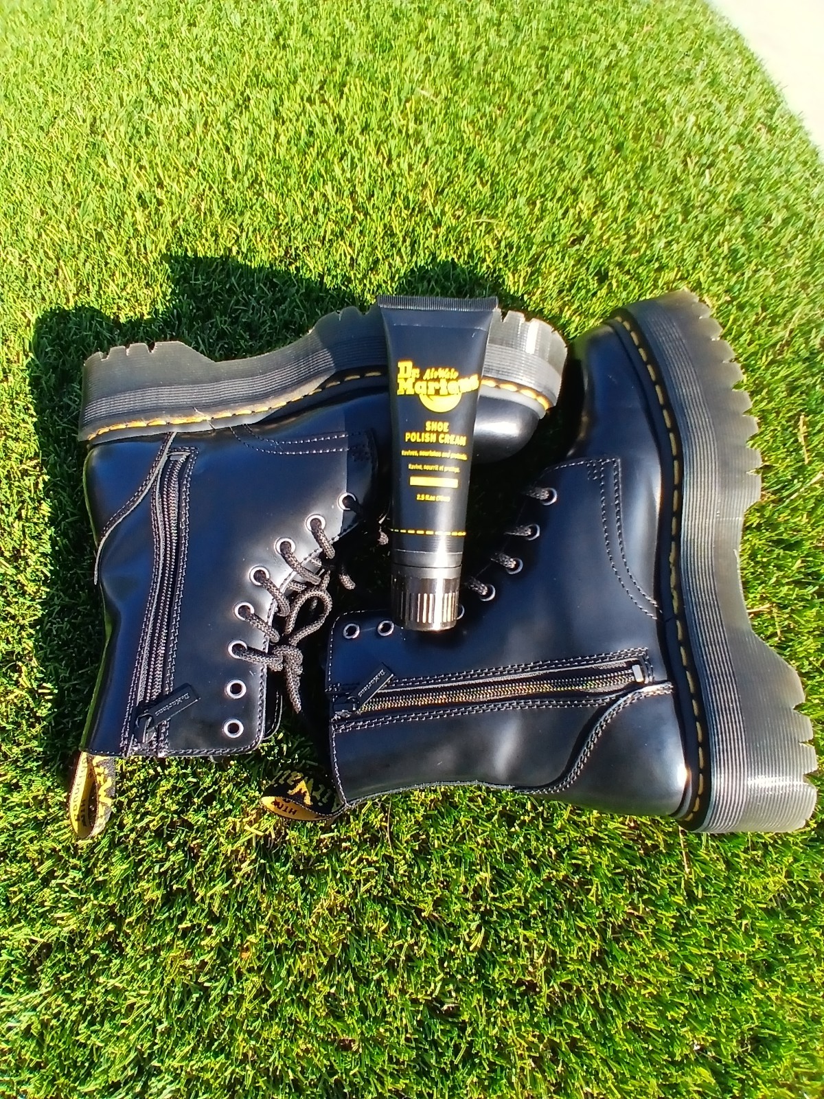 Dr. Martens Black Leather Platform Lace-Up Side Zip Boots + Cream