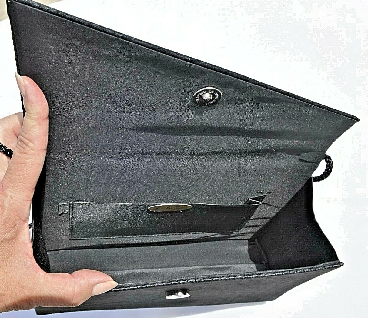 BLACK CLUTCH PURSE SATIN FABRIC WITH CROSSBODY STRAP LA REGALE BRAND EUC
