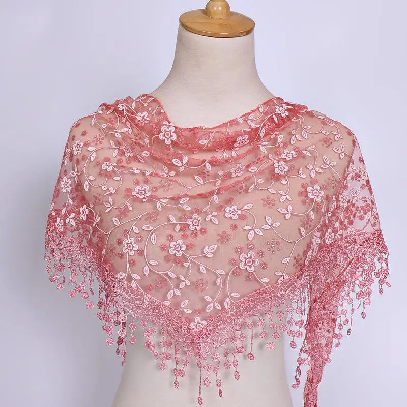 Women Tassel Triangle Scarf Embroidered Lace Floral Shawl Veil Wrap