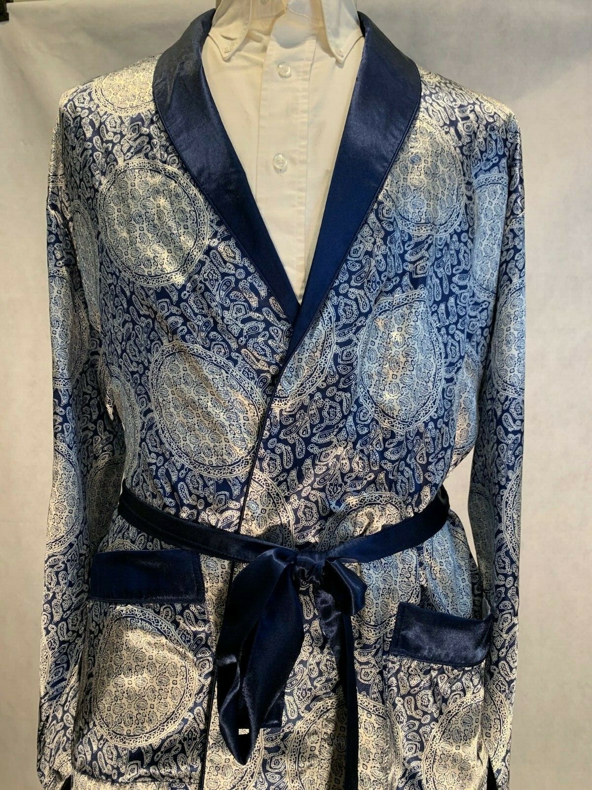 Mens Silk Satin Robe – Navy Paisley Auspicious ” 5 Day Delivery USA Seller ”