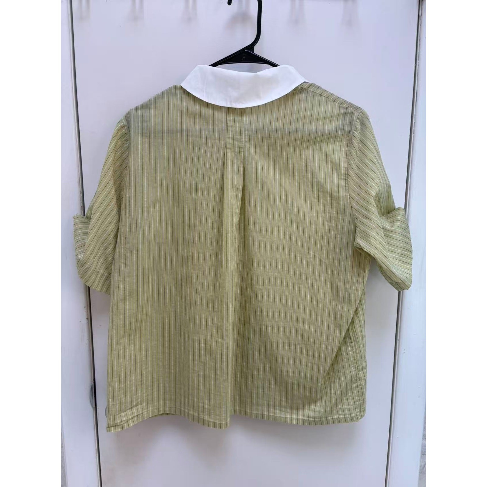 Women Blouse Green White Striped Peter Pan Collar Short Sleeve Retro Medium