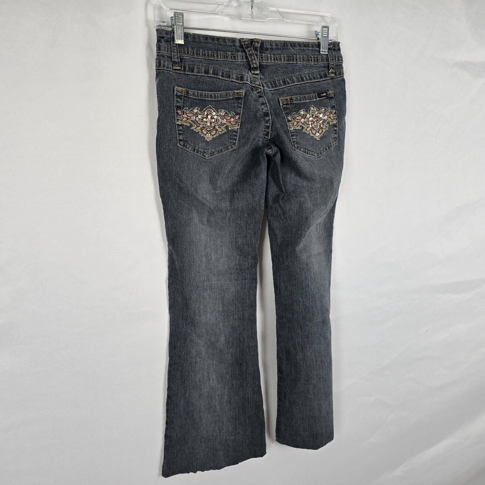 Angels Jeans Juniors 3 / 28 Blue Flare Raw Hem Ankle Embordered Sequin Bejeweled