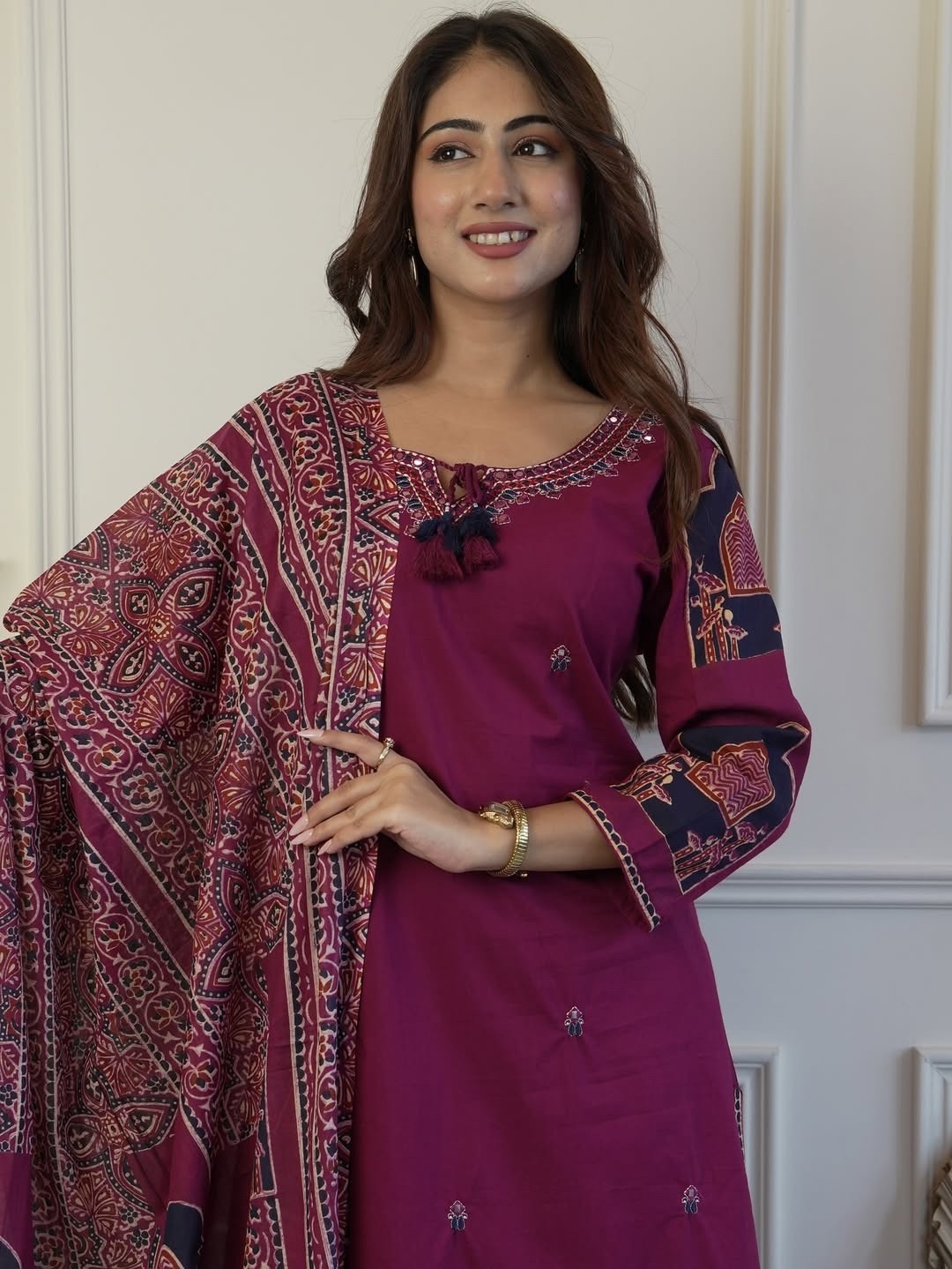 BOHO EMBROIDERED COTTON KURTI PANT DUPATTA SET WOMEN 3PC POCKET SUIT SIZE 3XL UP