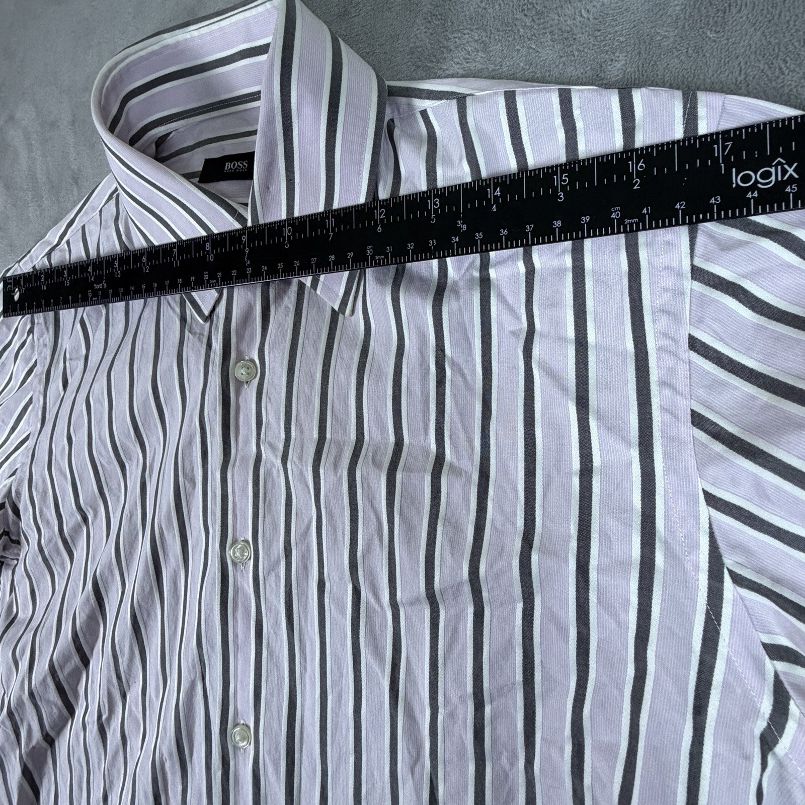BOSS Hugo Boss Mens 15.5 34/35 Purple Striped Cotton Regular Fit Dress Shirt