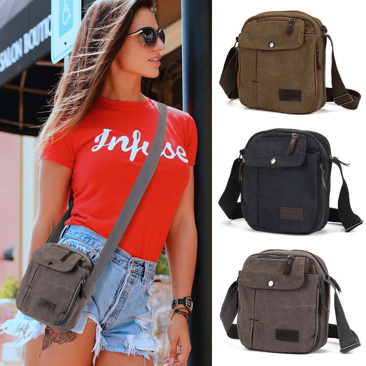 Men’s Canvas Crossbody Bag Phone Tablet Messenger Shoulder Bag Casual Tote Pouch