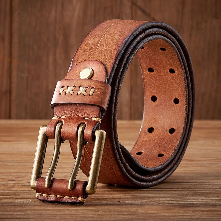 3.8CM Original Genuine Leather Army Tactical Belt Double-needle Buckle Men’s