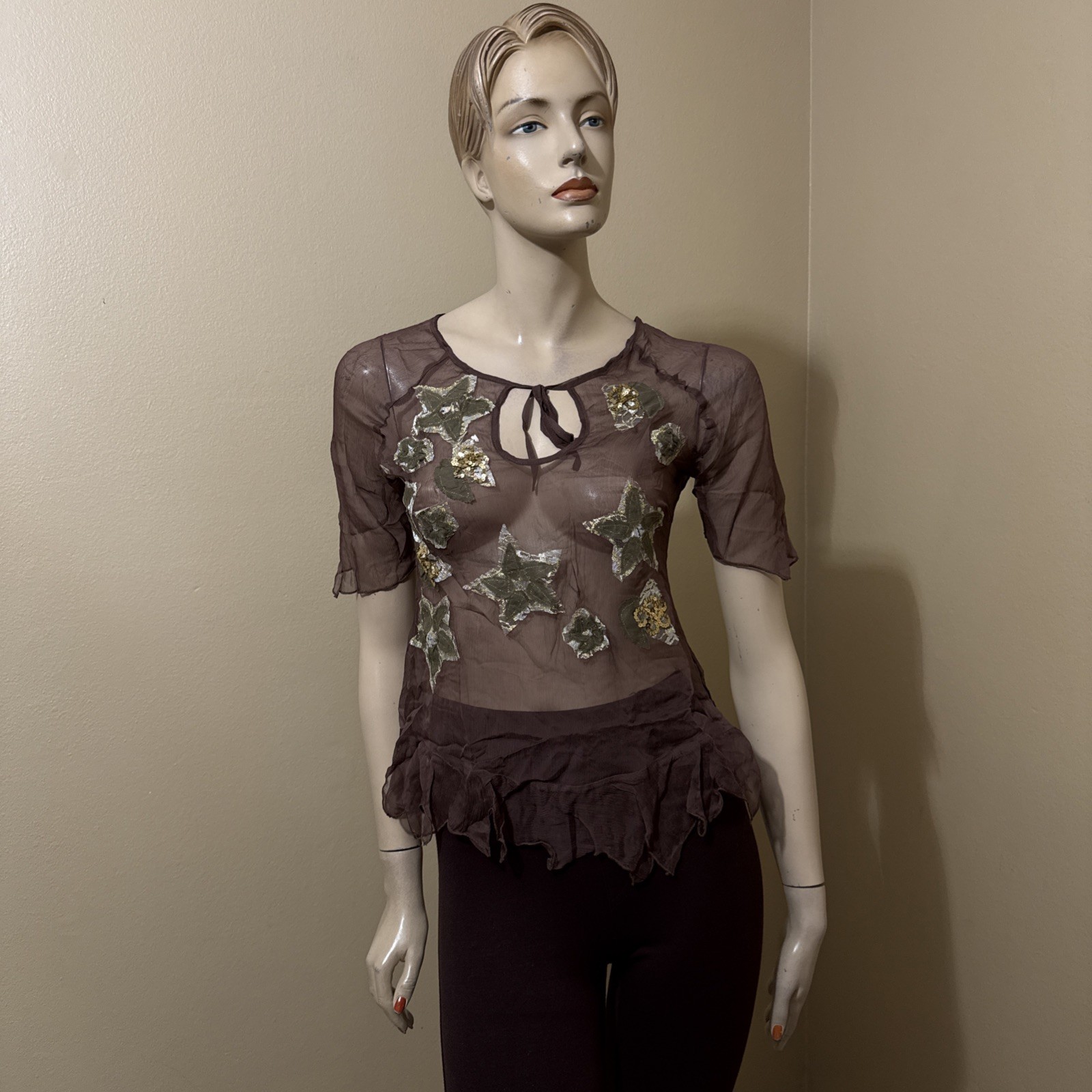 Women’s Brown Silk Casual Summer Sheer Beaded Embroidered Lace Size S Blouse Top