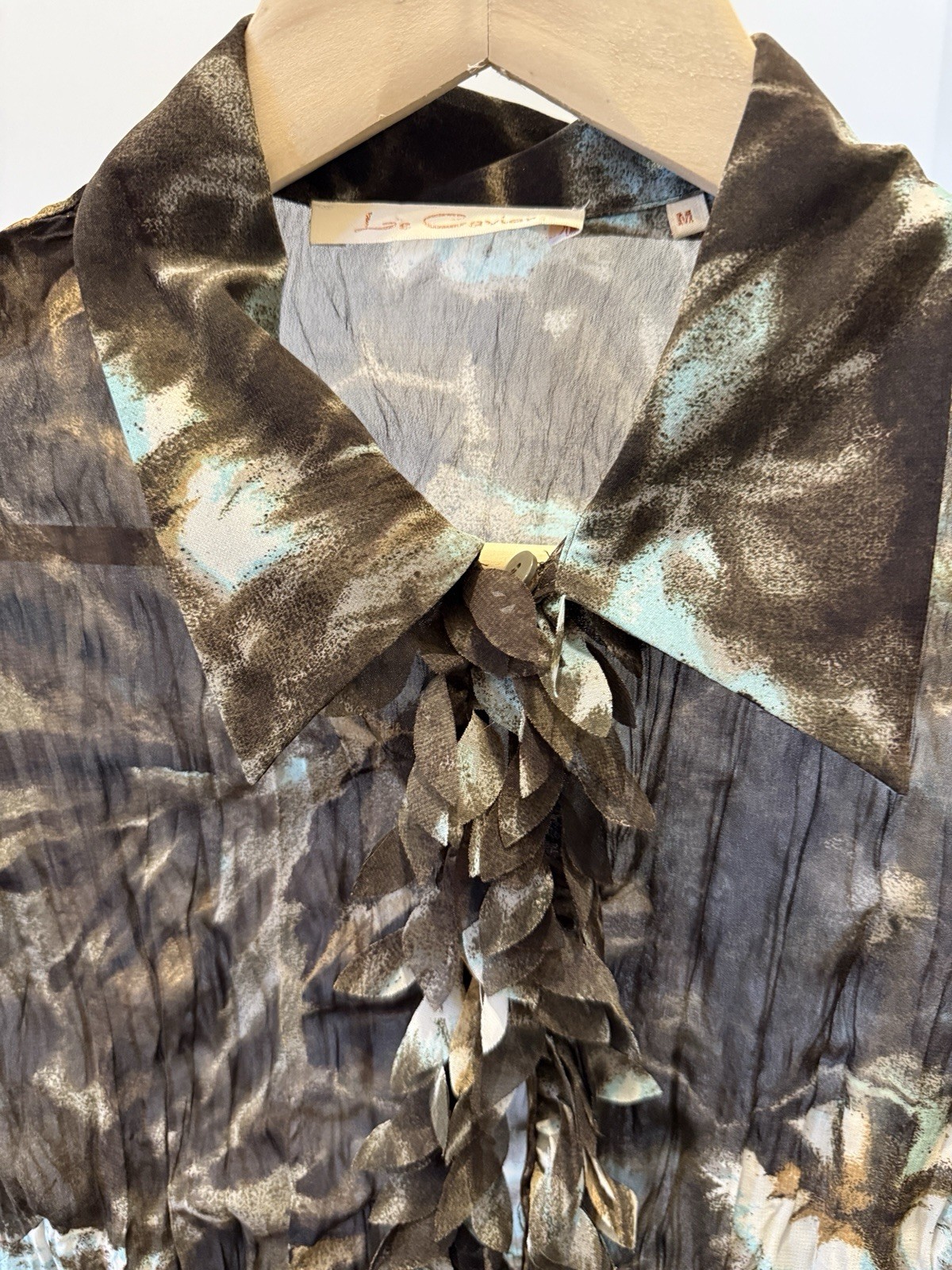 L.C. Women’s M Brown/Blue Abstract Sheer Chiffon Blouse Collared Ruffle