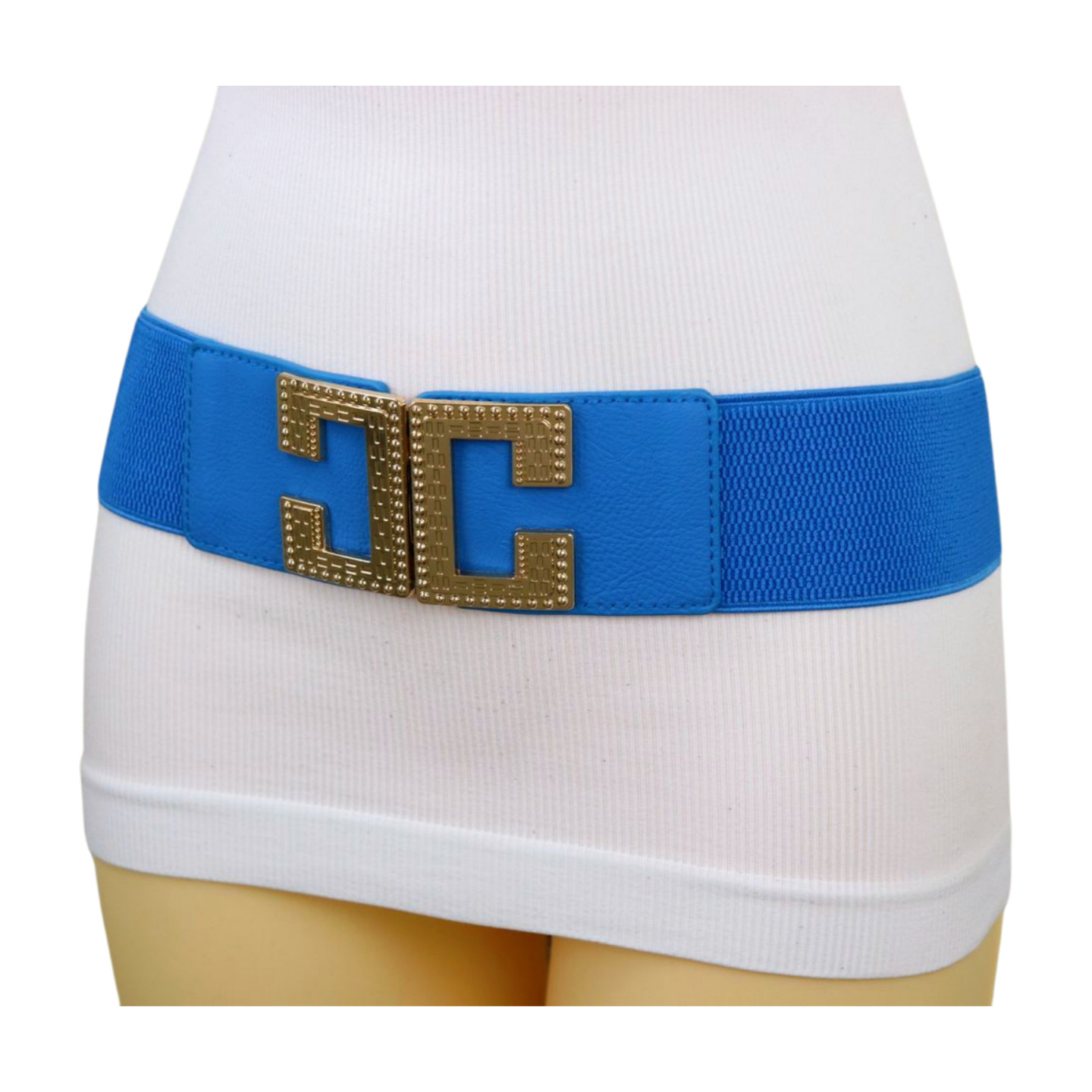 Women Blue Elastic Wide Fashion Belt Hip High Waist Gold Metal C Buckle Size S M