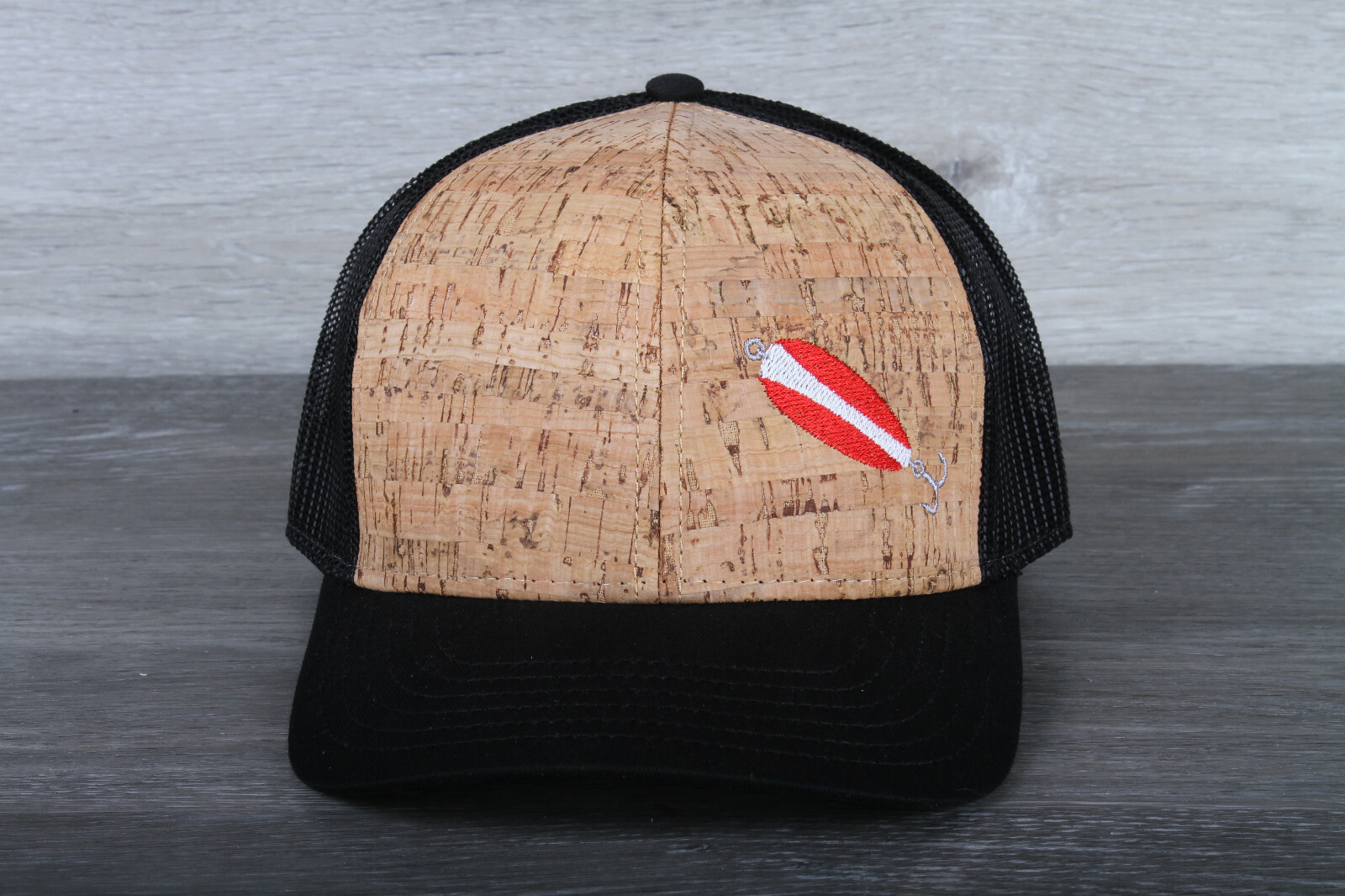 Fishing Lure Embroidered on an Otto 6 Panel Cork Mesh Back Hat