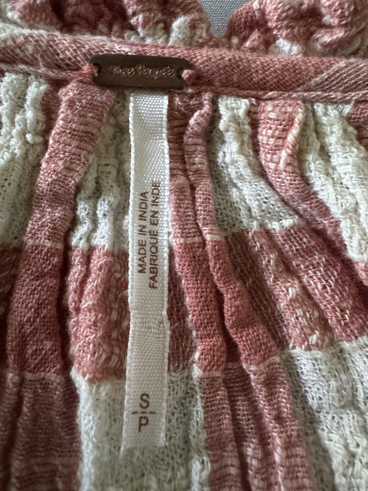 Free People Gingham Peasant Top Small Peachy Pink Cotton Boho Cottagecore Gauzy