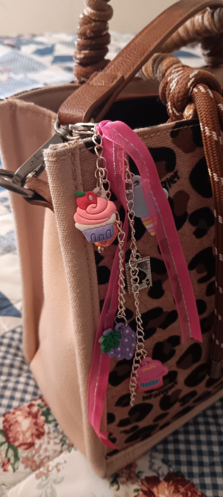 Pink Cupcake & Ribbon Charm Key Chain Bag Charm Silver Chain Food & Drink