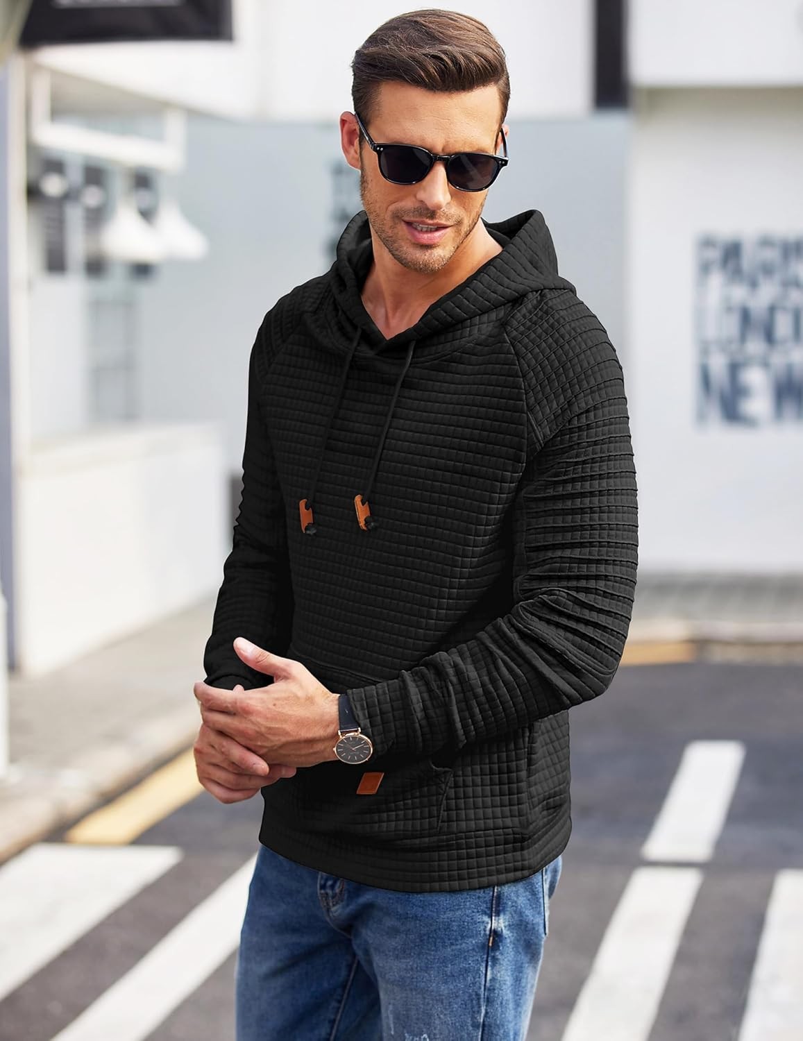 Men’s Casual Hoodies Long Sleeve Drawstring Hooded Pullover Waffle Knit Hooded