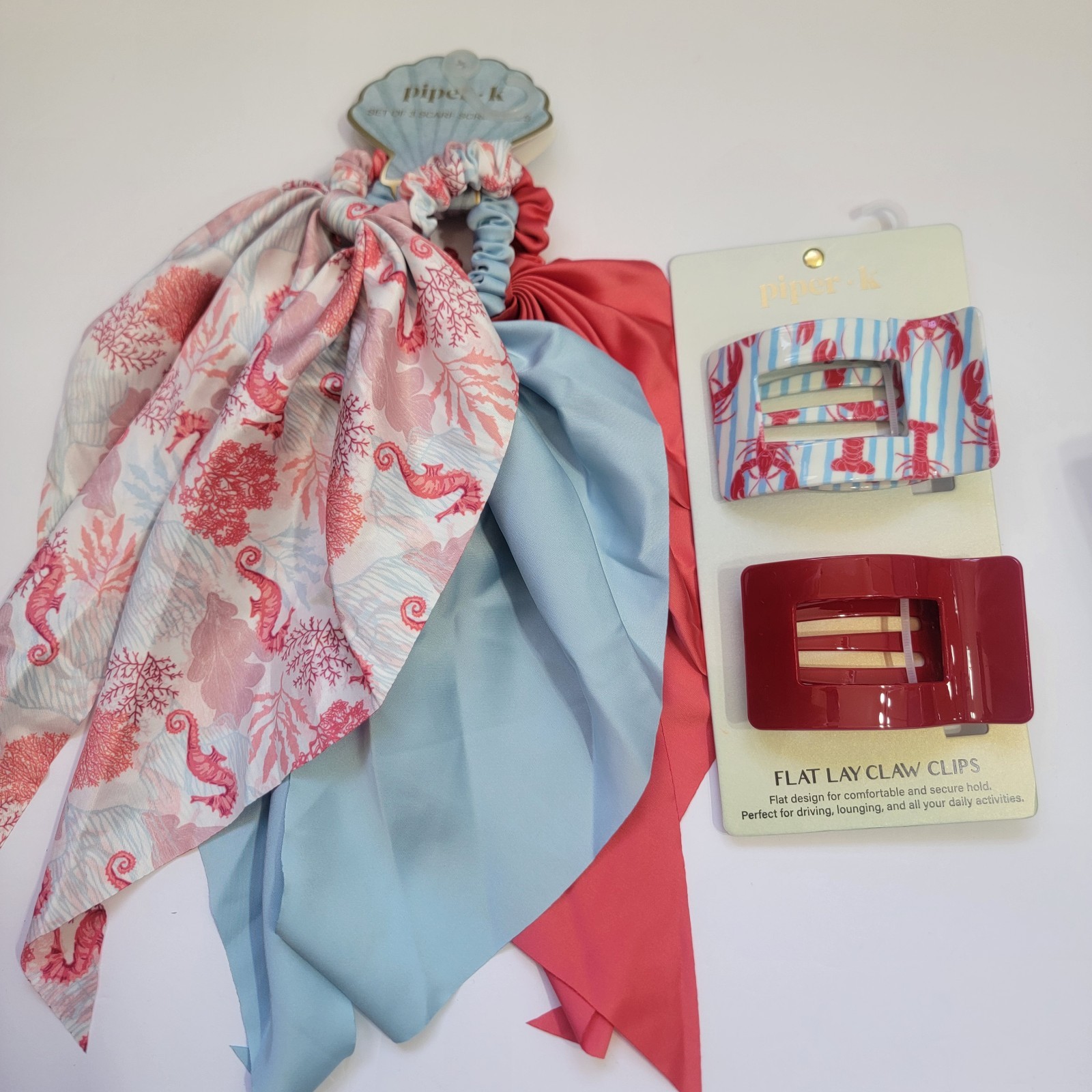 Piper K Coastal Seahorse Scarf Scrunchie & Lobster Flat Hair Clip Nautical Beach