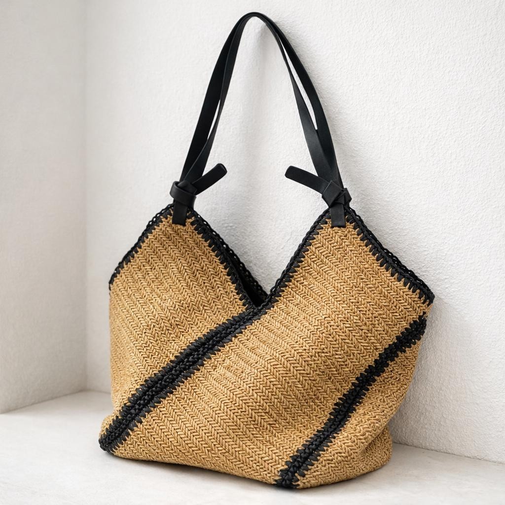 Woven Straw Tote Bag Geometric Raffia Beach Purse Boho Shoulder Handbag
