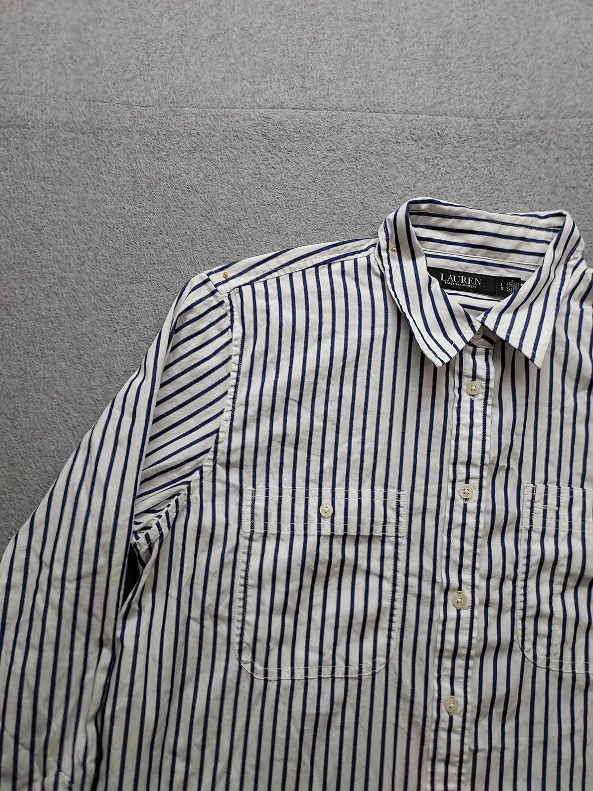 Lauren Ralph Lauren Shirt Womens Large White Blue Striped Button Up Long Sleeve