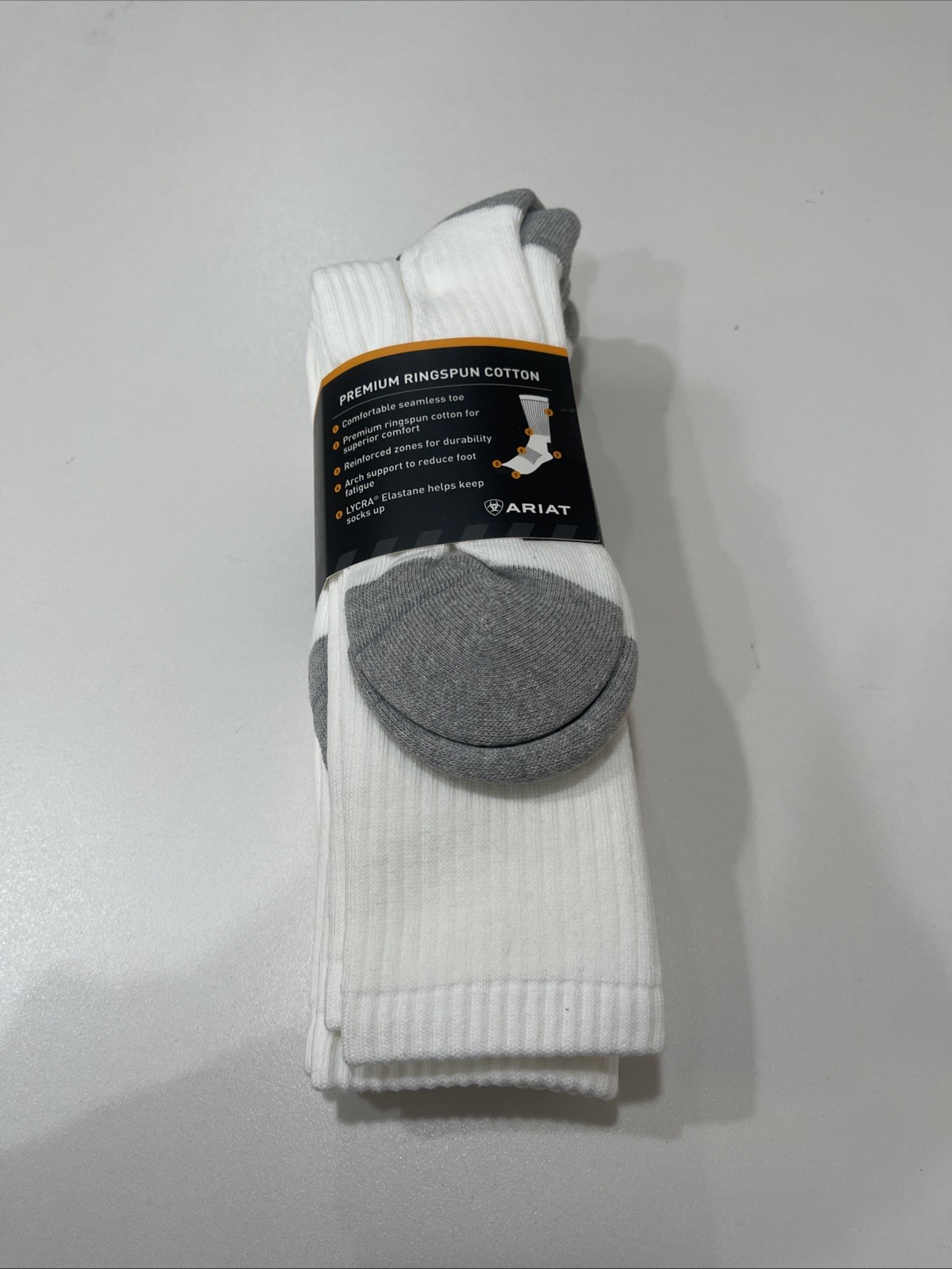 Ariat Premium Ringspun Cotton Crew Work Sock 3 Pair Pack White L