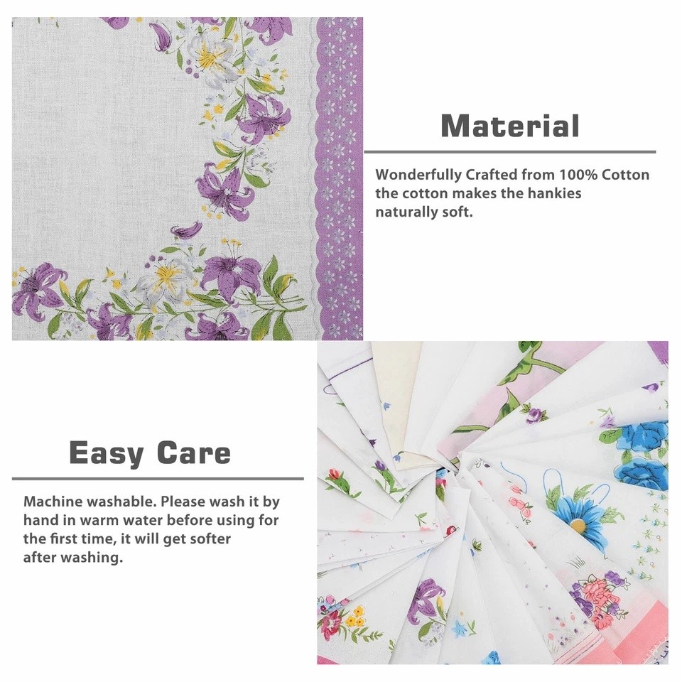 20PCS Women Vintage Floral Flowers Handkerchief 100% Cotton Square Hanky Ladies
