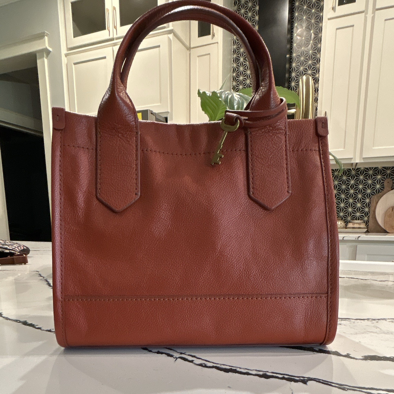 Fossil Brown Pebbled Zip Satchel Top Handle Detachable Adjustable Strap