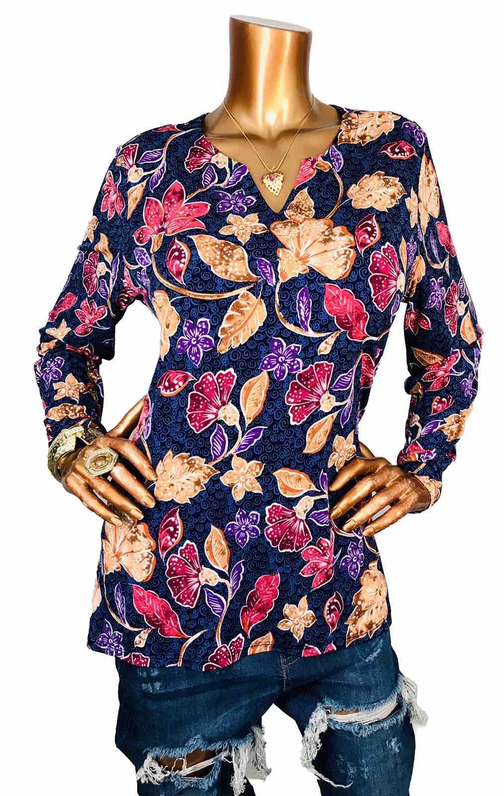 Susan Graver L Top Stretch Loose Fit Floral Prints Blouse Tunic Long Slv Low Cut