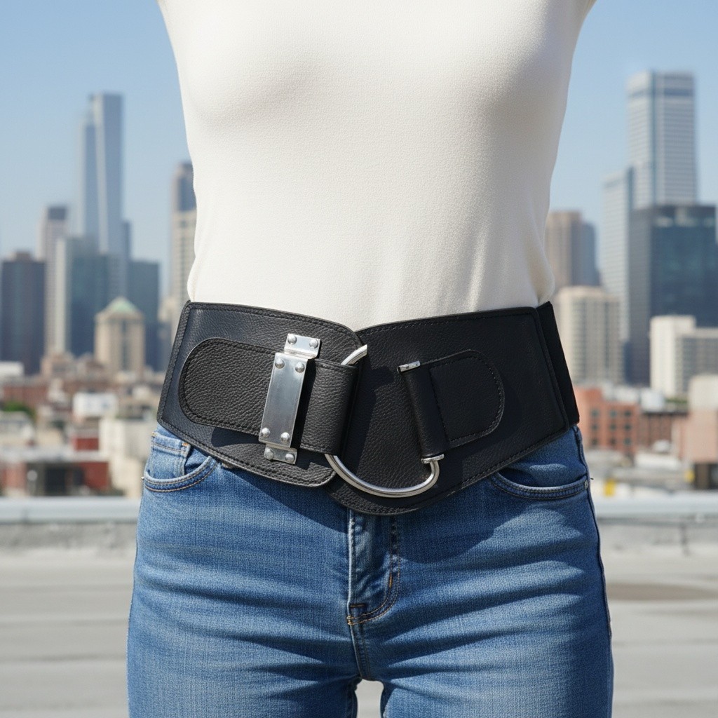 Women Black Wide Elastic Fashion Hip Waist Belt SILVER Metal Hook Buckle Fit S M