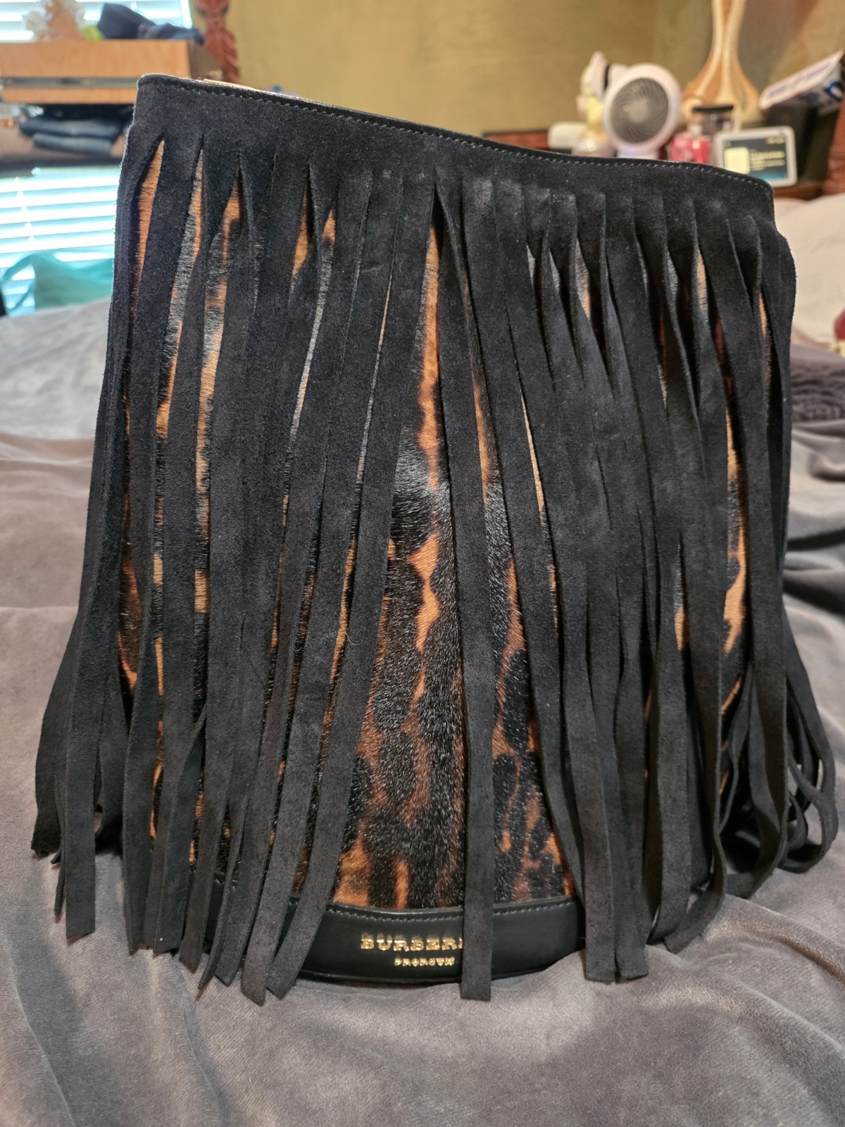 Burberry Women’s Animal Print Fringe Top Handle Bag w/ Pouch Magnetic Closure