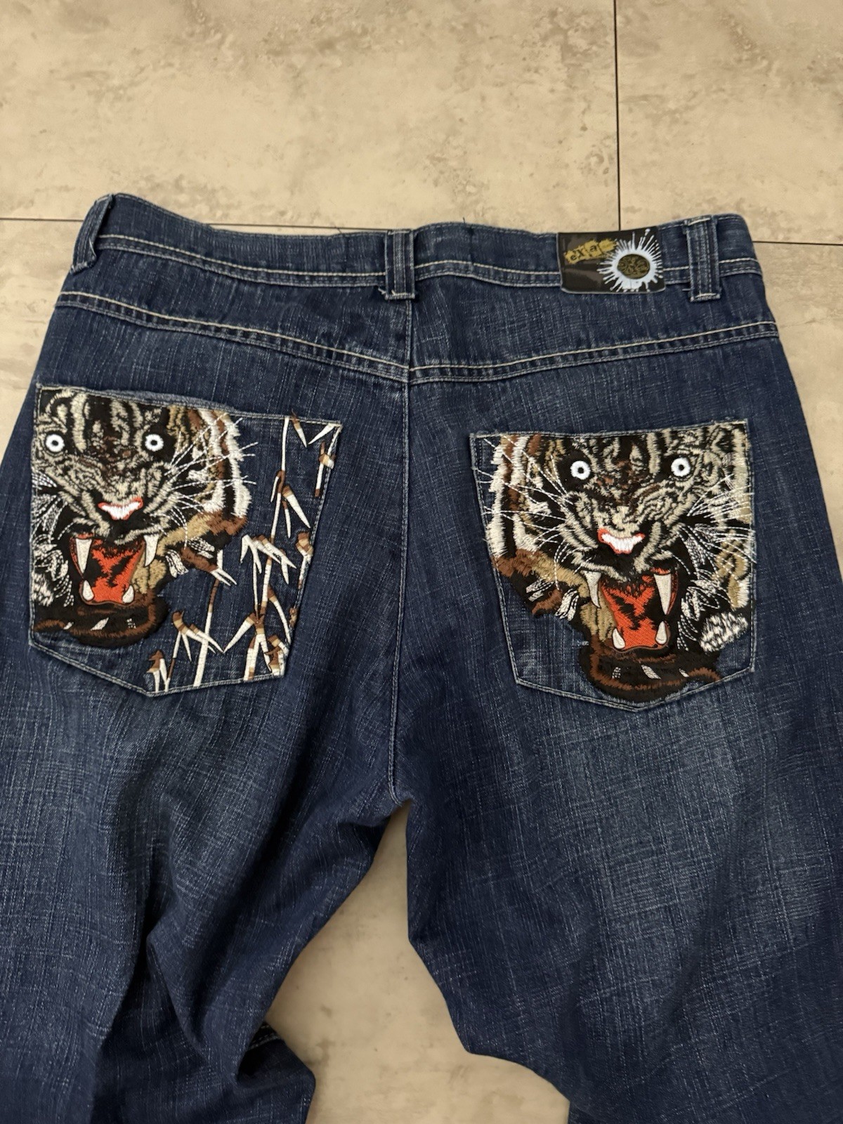 EXA Unlimited Men’s Hip Hop Skater Baggy Embroidered Y2K Denim Jeans 36×34