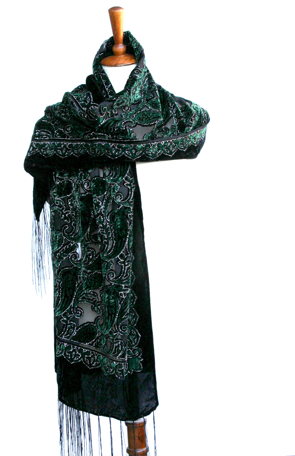 Elegant Black & Emerald Green Color Flower Silk Burnout Velvet Shawl Scarf Wrap