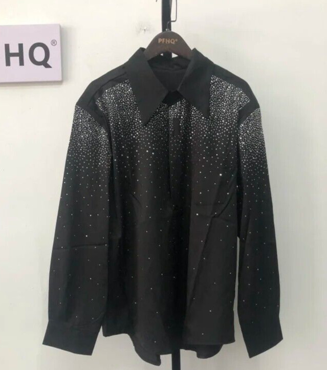 New Luxury Men Diamond Rhinestones Fashion Button-Down Black Shirt High Quality