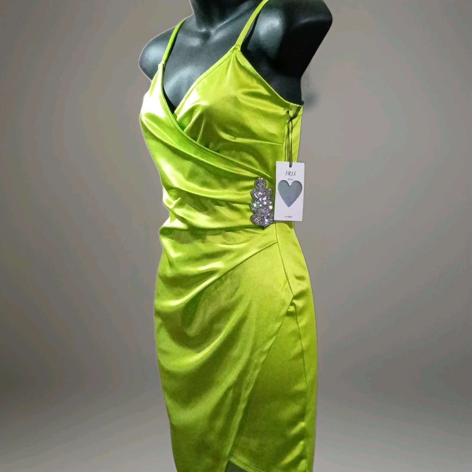 IRIS Slip Dress Green Satin V-Neck Spaghetti Straps Asymmetric Rhinestone S