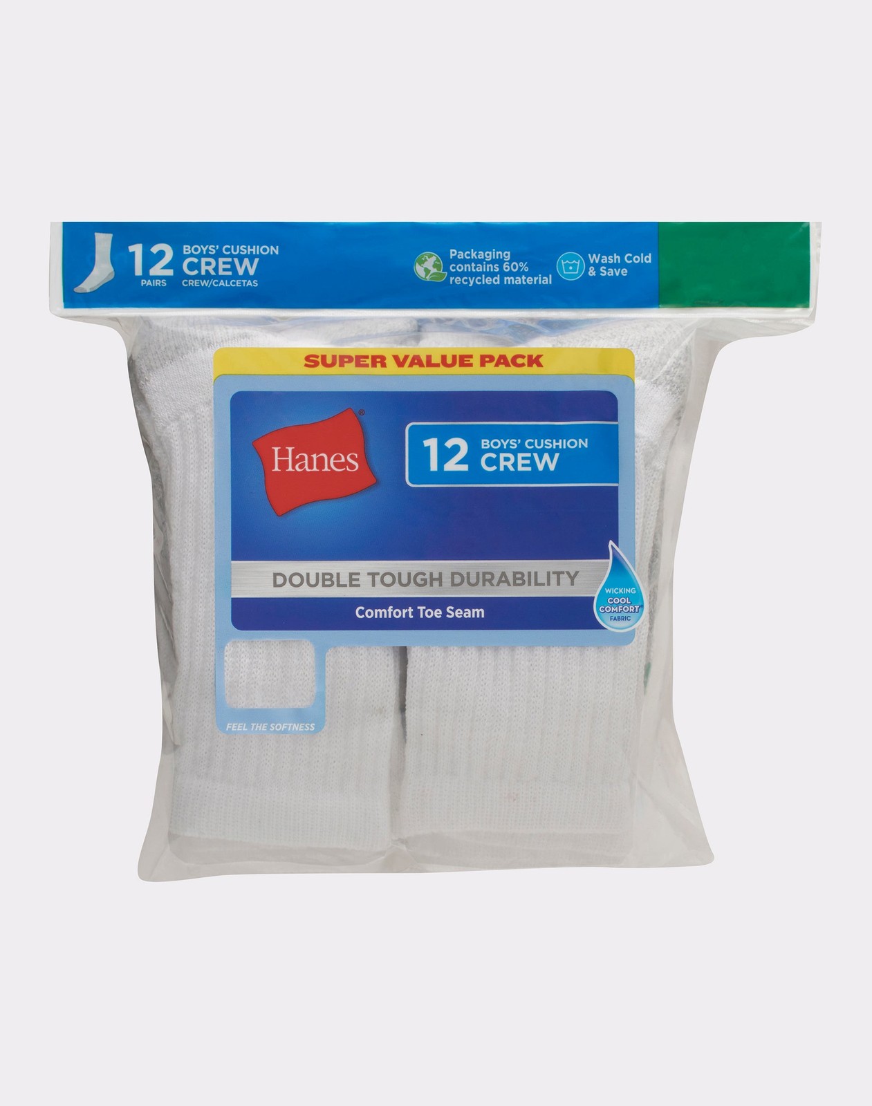 Hanes Boys Crew Socks 12-Pack Cushioned Durable Reinforced Heel Toe Black White
