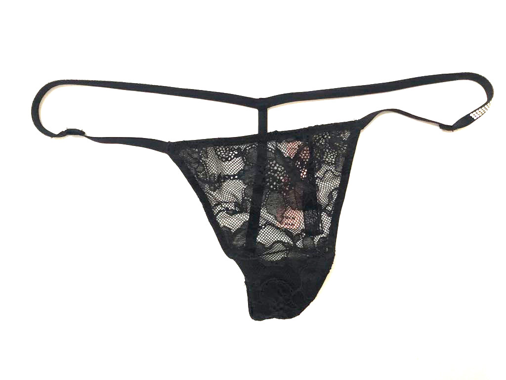 Victoria’s Secret T-Back Shine Strap Rhinestone Lace V-String Panty Black NWT