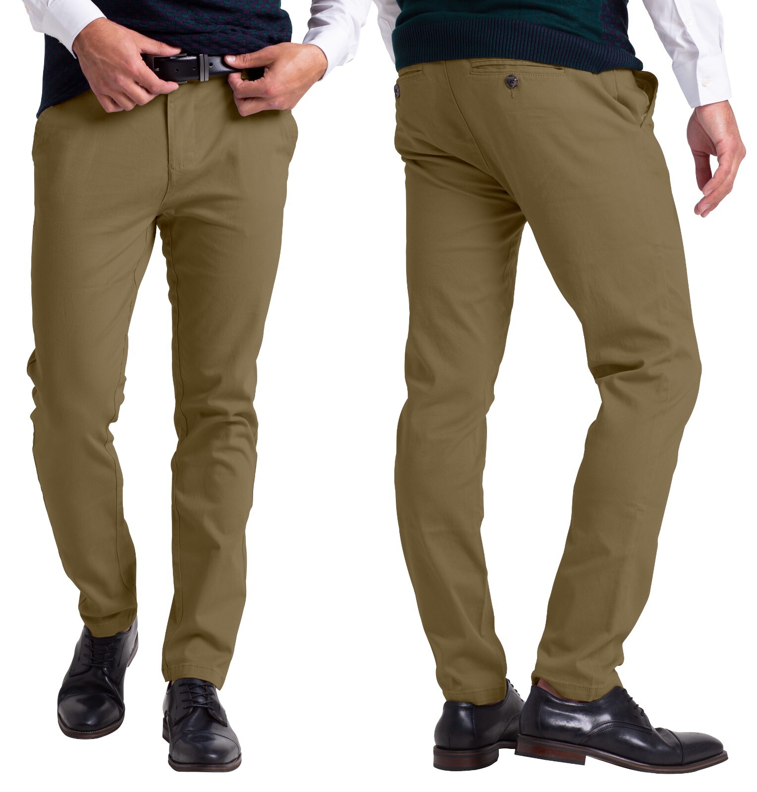 Mens Chino Slim Fit Workwear Casual Comfort Stretch Cotton Flat Front Full Pants