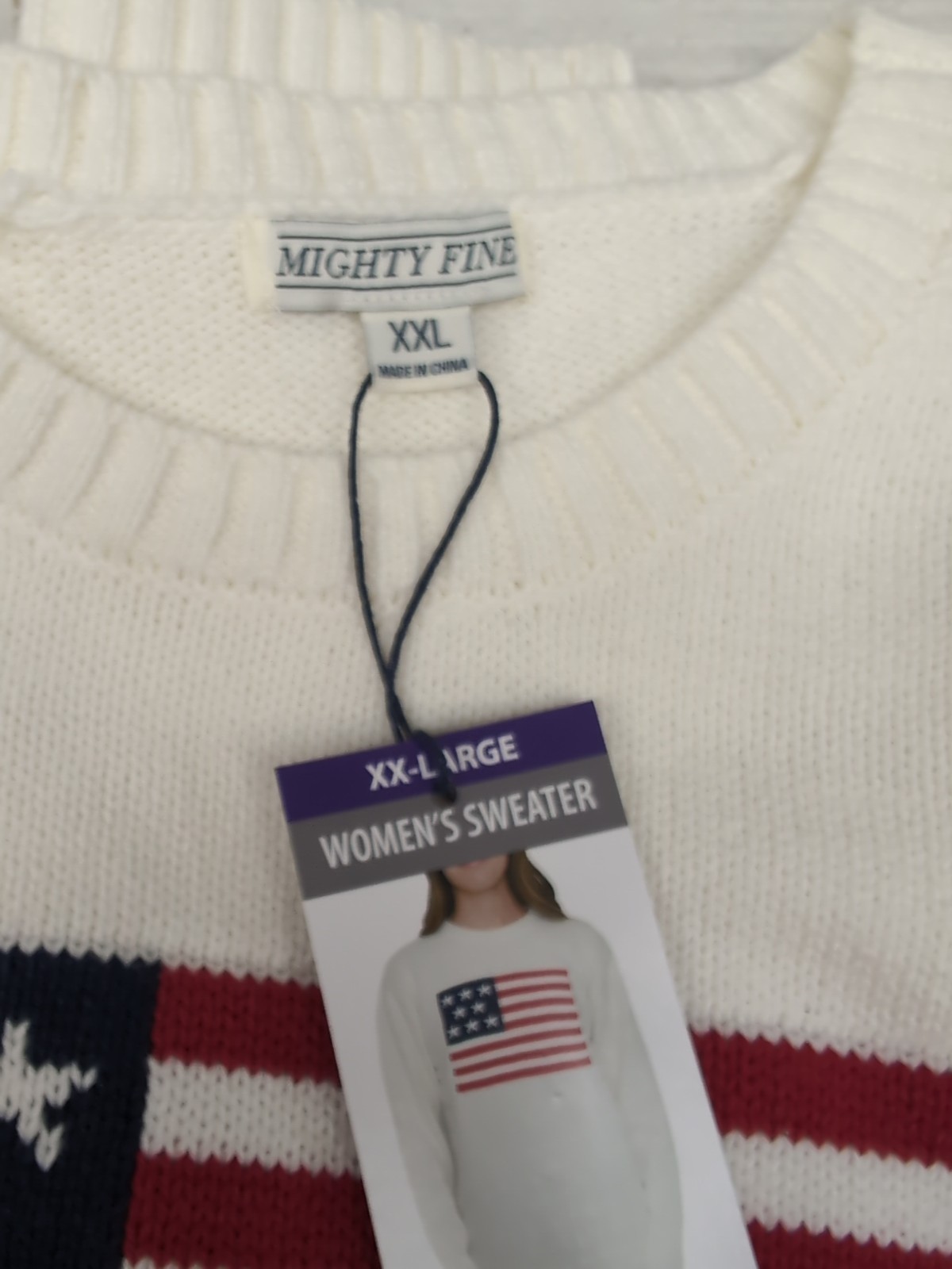 Wmns Mighty Fine Midweight Crew Neck Americana Sweater Cream Flag Sz 2XL